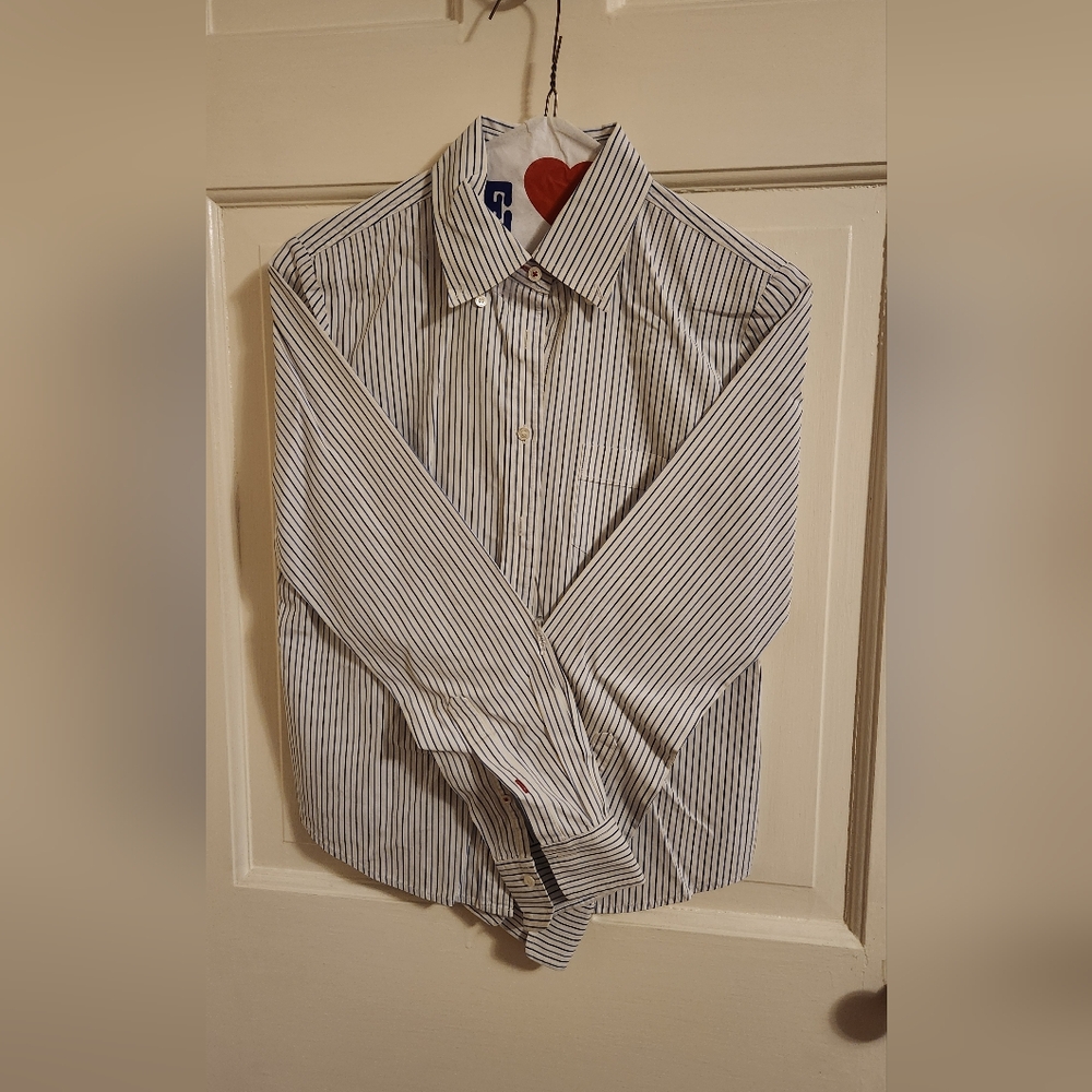 Blue and white striped button down shirt